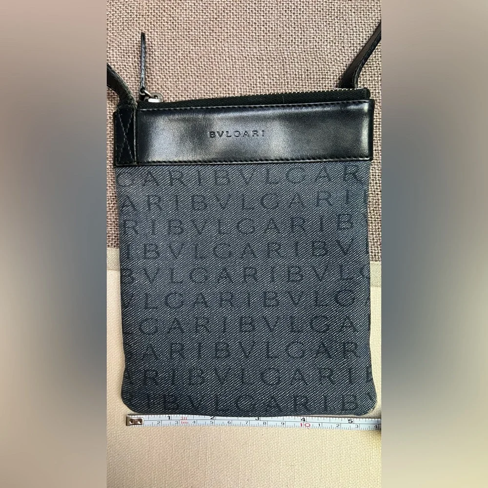 Bvlgari Logo Mania Mini Crossbody Navy Denim Canvas Black Leather Trim Authentic